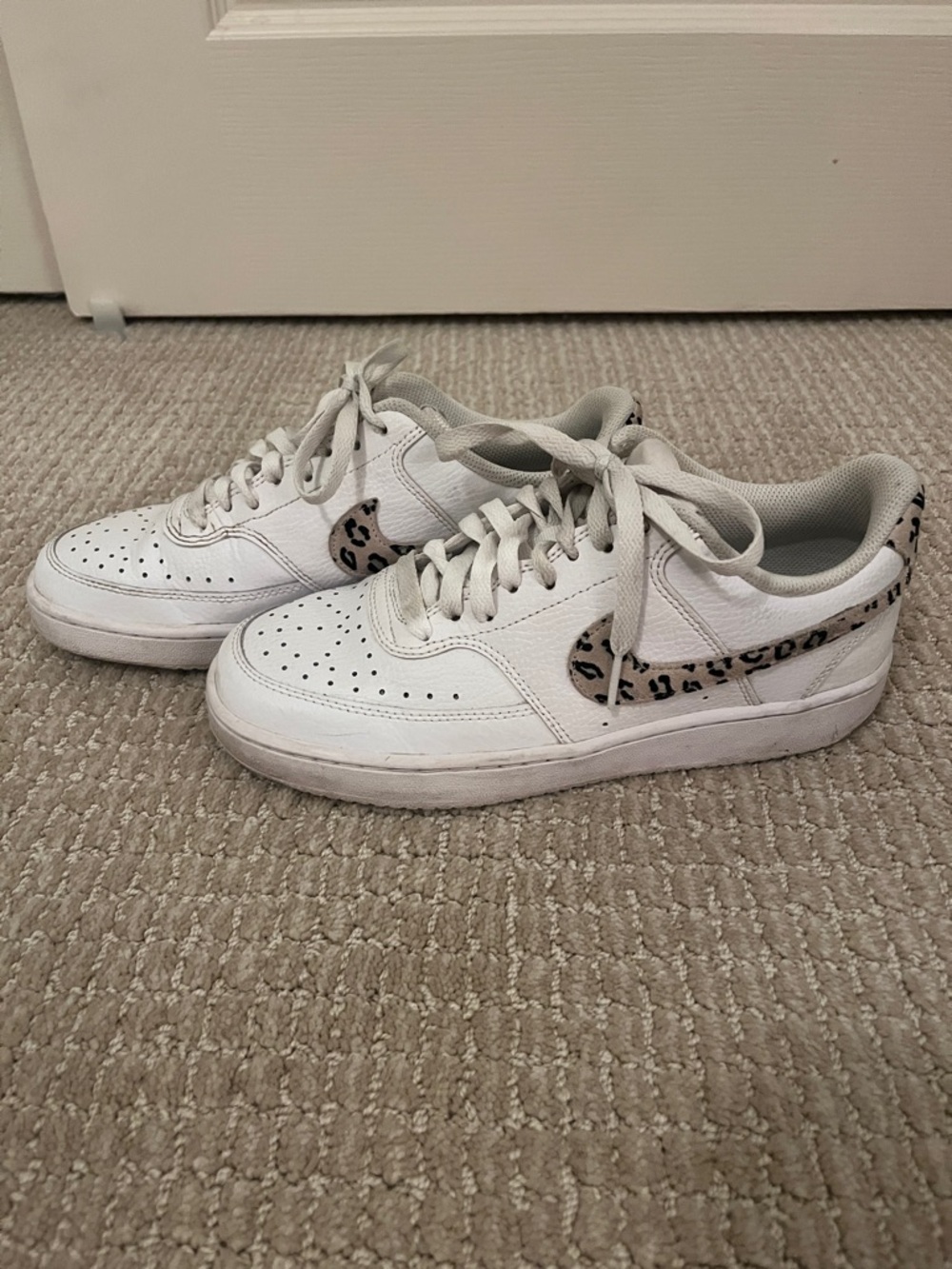 Nike White Leather Sneakers with Leopard Swoosh